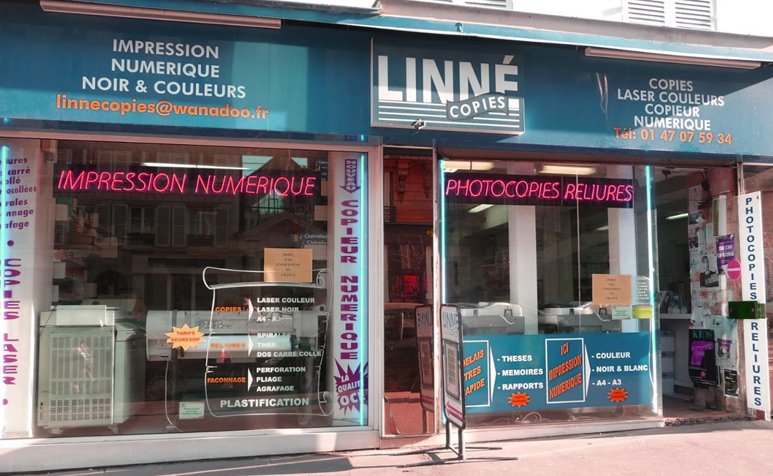 La devanture du magasin Linné Copies, 18 rue Linné à Paris